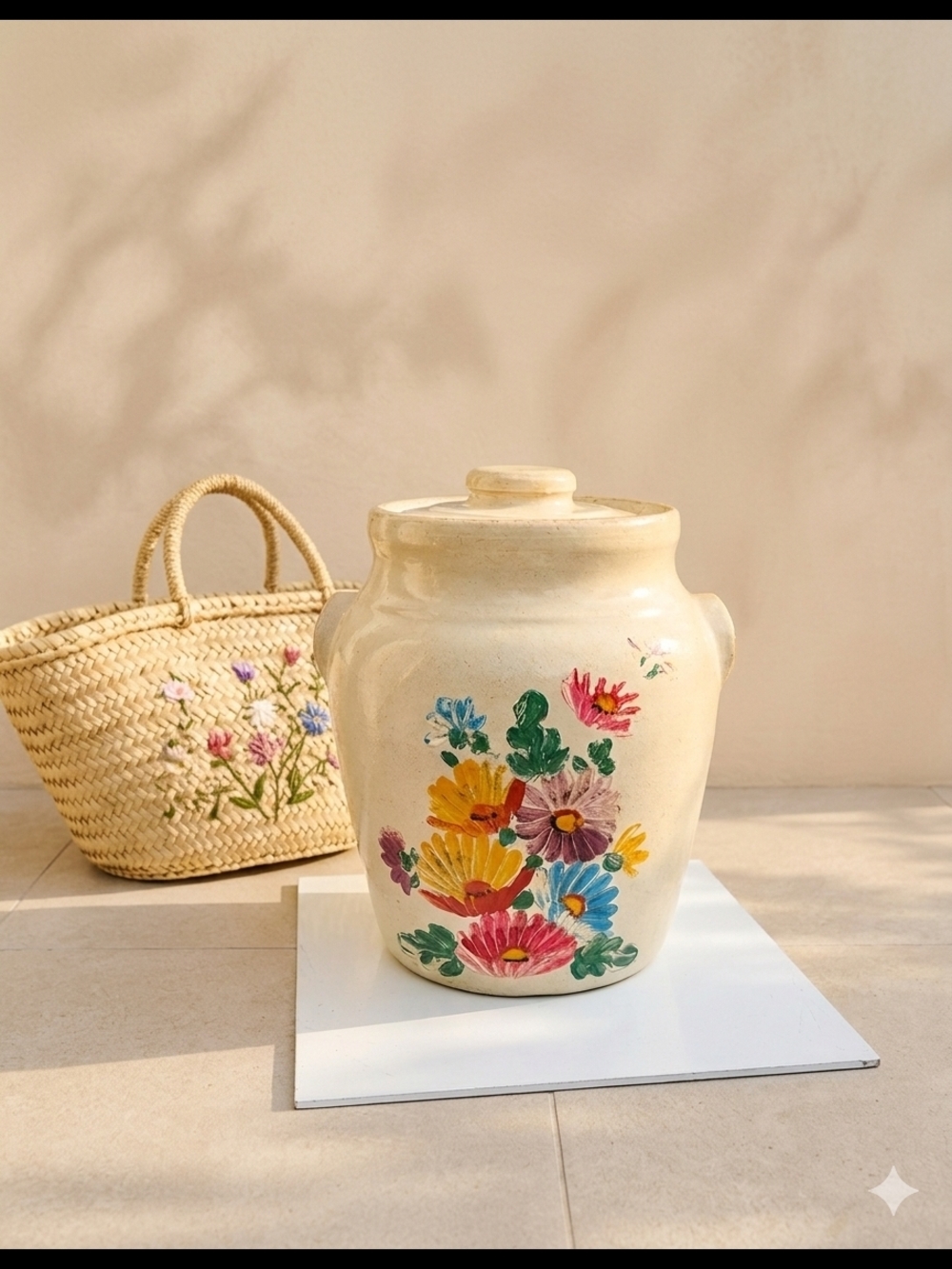 Hand-Painted Floral Ceramic Crock - Cream - Picture 1 of 12